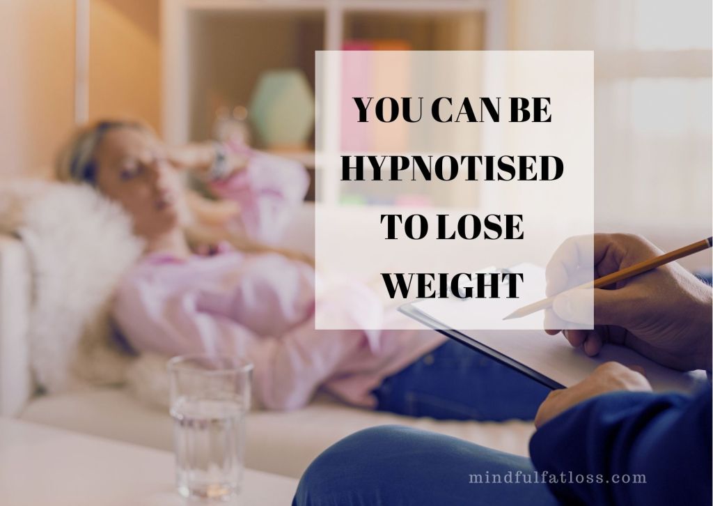 Hypnotherapy for weight loss. Woman on couch as therapist takes notes. Mindfulfatloss.com